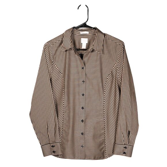 Chico's Women's Shirt Button Up Beige Black Striped Long Sleeve Blouse Top 1 M/8 - Picture 1 of 8
